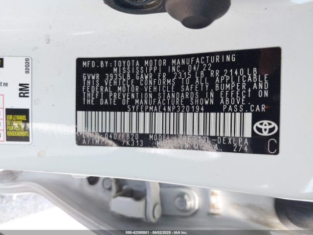 5YFEPMAE4NP320194 Toyota 2zr-fae