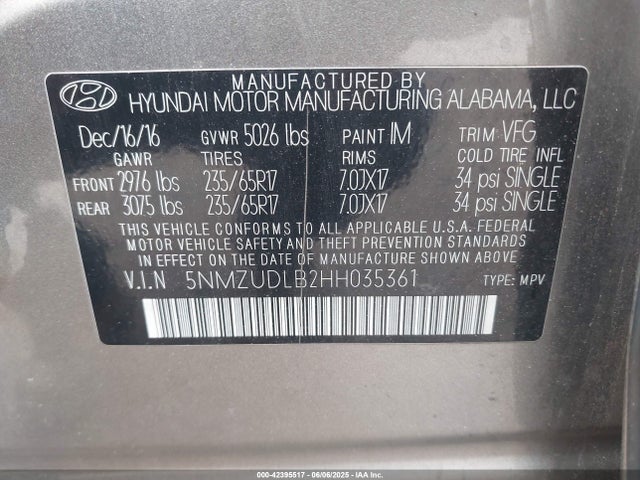 5NMZUDLB2HH035361 Hyundai gdi theta ii