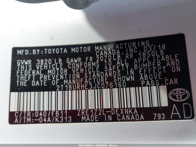 2T1BURHE3JC076160 Toyota COROLLA LE