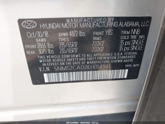 5NMS2CAD2KH058961 Hyundai Santa Fe Se