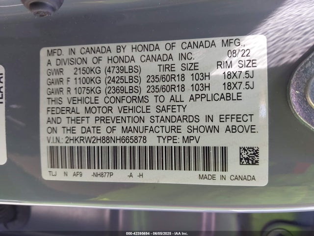 2HKRW2H88NH665878 Honda Cr-v Awd Ex-l