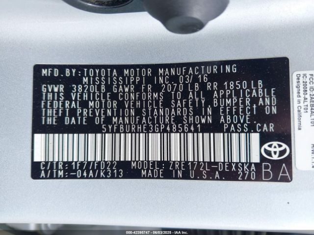 5YFBURHE3GP485641 Toyota 2zr-fe