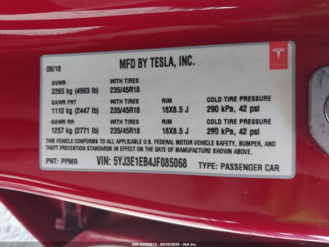 5YJ3E1EB4JF085068 Tesla Model 3 Long Range/performance