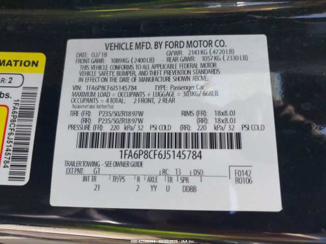 1FA6P8CF6J5145784 Ford MUSTANG GT