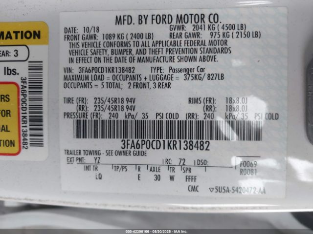 3FA6P0CD1KR138482 Ford FUSION SEL