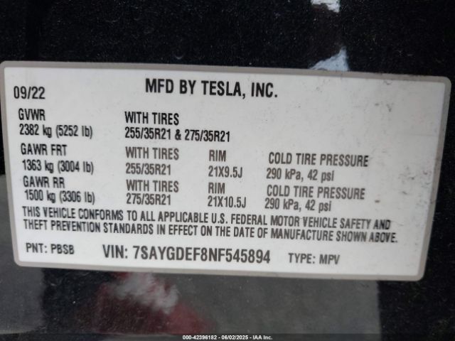 7SAYGDEF8NF545894 Tesla Model Y