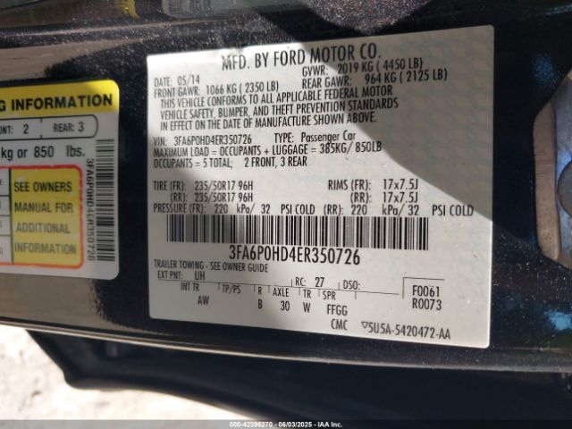 3FA6P0HD4ER350726 Ford FUSION SE
