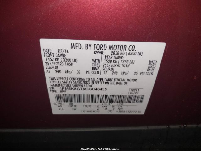 1FM5K8GT8GGC46435 Ford EXPLORER SPORT