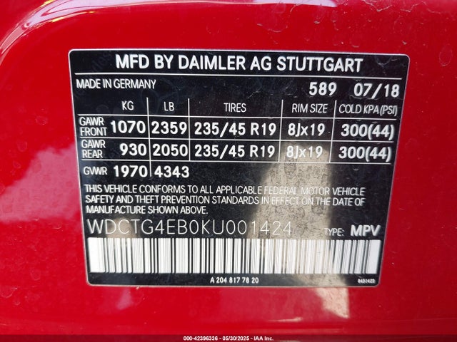 WDCTG4EB0KU001424 Mercedes-Benz m270