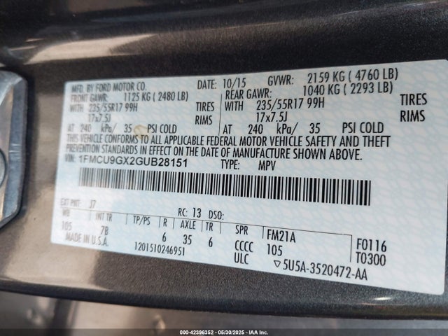 1FMCU9GX2GUB28151 Ford ESCAPE SE