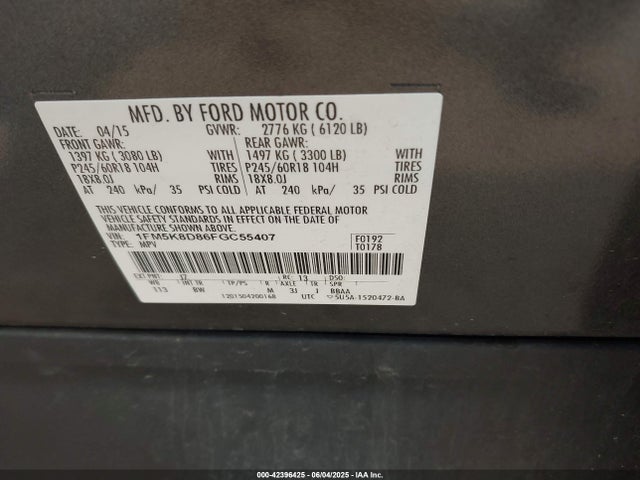 1FM5K8D86FGC55407 Ford EXPLORER XLT