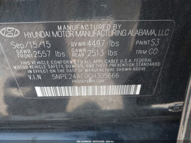 5NPE24AF0GH305666 Hyundai SONATA SE