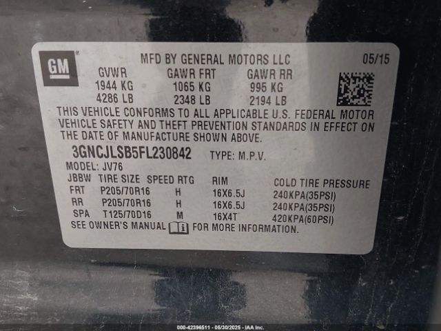 3GNCJLSB5FL230842 Chevrolet Trax Lt