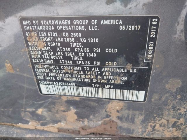 1V2CR2CA2JC505488 Volkswagen Atlas 3.6l V6 Se