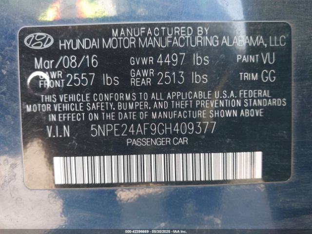 5NPE24AF9GH409377 Hyundai SONATA SE
