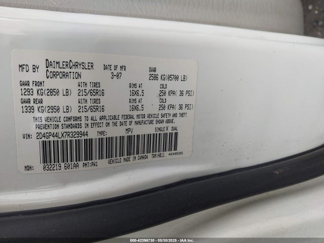 42396730 :رقم المزاد ، 2D4GP44LX7R329944 vin ، 2007 Dodge Grand Caravan Sxt مزاد بيع