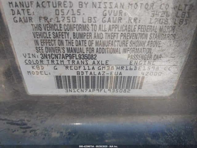 Nissan Versa 1.6 S+ 2015 3N1CN7AP9FL935082 Image 9
