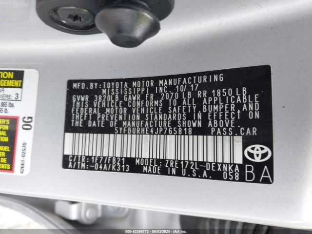 5YFBURHE4JP765818 Toyota COROLLA LE