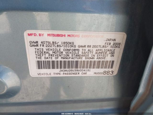 2009 MITSUBISHI LANCER JA3AU26U39U004191 Photo 8