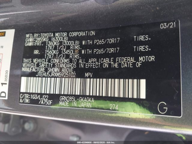 JTEHU5JRXM5925102 Toyota 1gr-fe