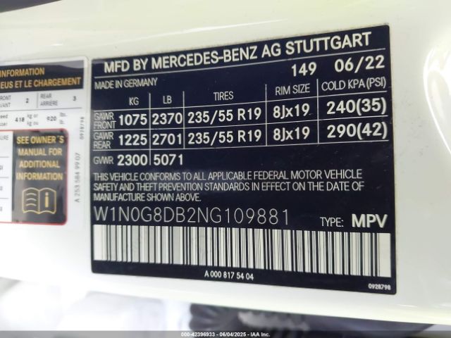 W1N0G8DB2NG109881 Mercedes-Benz m274