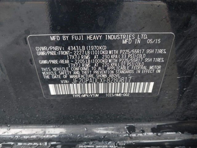 Subaru 2.0l naturally aapirated 2015 JF2GPADCXF8280817 Image 9