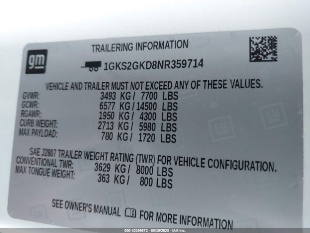 1GKS2GKD8NR359714 GMC Yukon Xl 4wd Slt