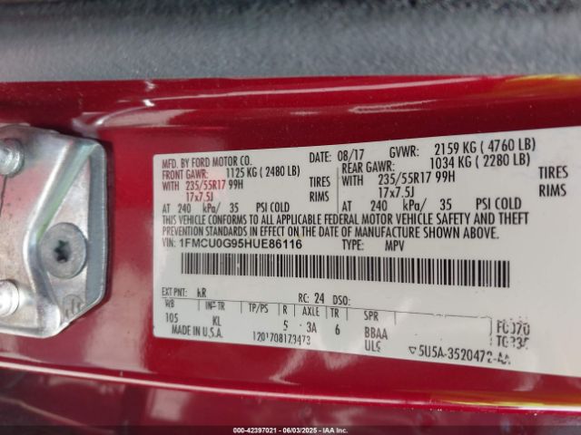 1FMCU0G95HUE86116 Ford ESCAPE SE