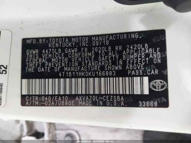 4T1B11HK0KU166883 Toyota CAMRY SE