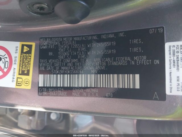 2019 TOYOTA HIGHLANDER 5TDKZRFH3KS568744 Photo 8