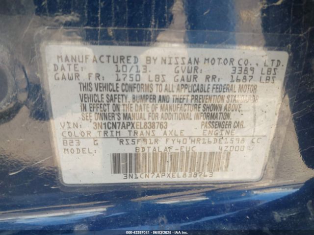 3N1CN7APXEL838763 Nissan Versa