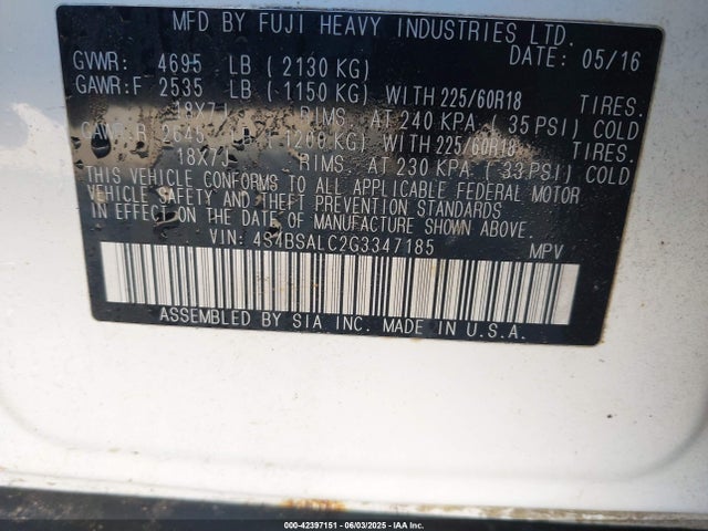 4S4BSALC2G3347185 Subaru 2.5l u5