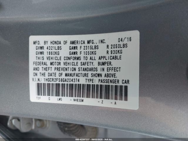 1HGCR2F58GA204374 Honda k24w1