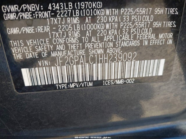Subaru naturally aspirated 2017 JF2GPALC1HH239092 Image 9