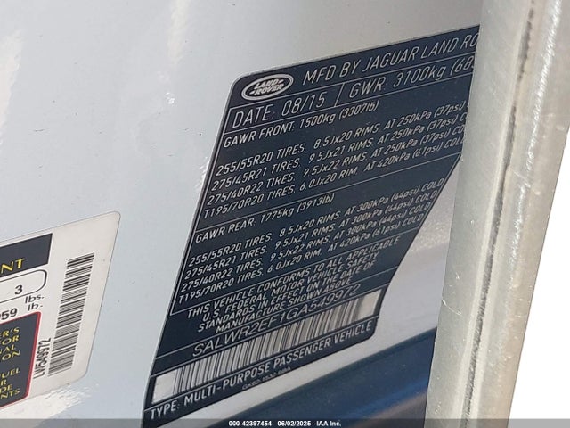 Land Rover s/c lev2 ulev 2016 SALWR2EF1GA549972 Image 9
