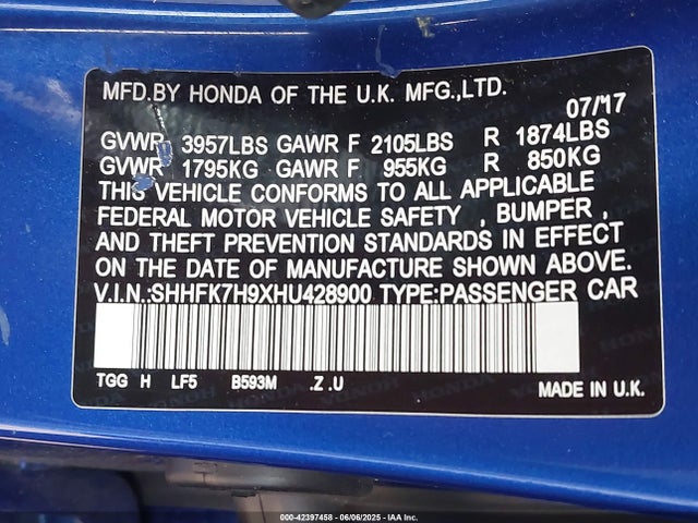 SHHFK7H9XHU428900 Honda l15ba