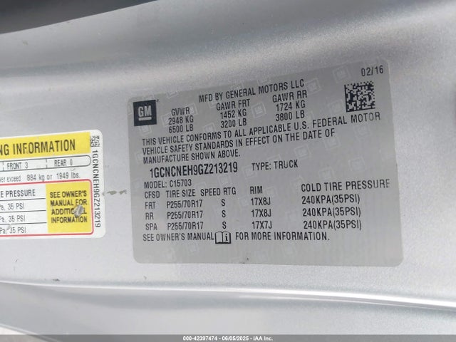 1GCNCNEH9GZ213219 Chevrolet lv3 - sidi, vvt, aluminum, e85 max