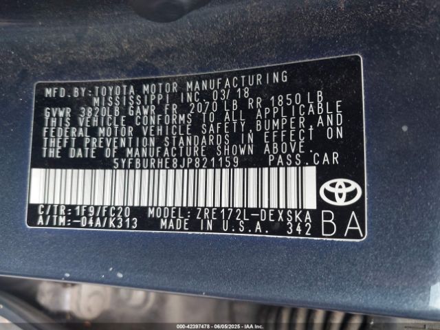 5YFBURHE8JP821159 Toyota COROLLA SE