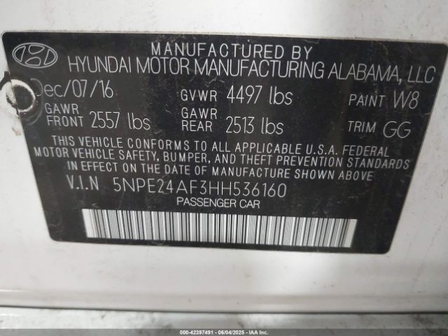 5NPE24AF3HH536160 Hyundai Sonata
