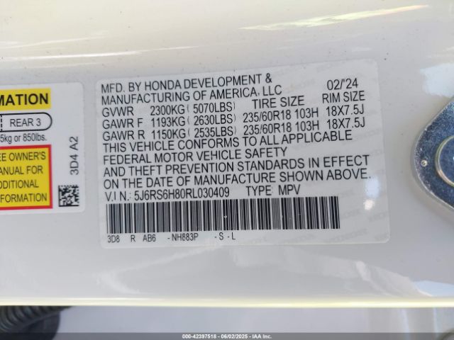 5J6RS6H80RL030409 Honda Cr-v Hybrid Sport-l