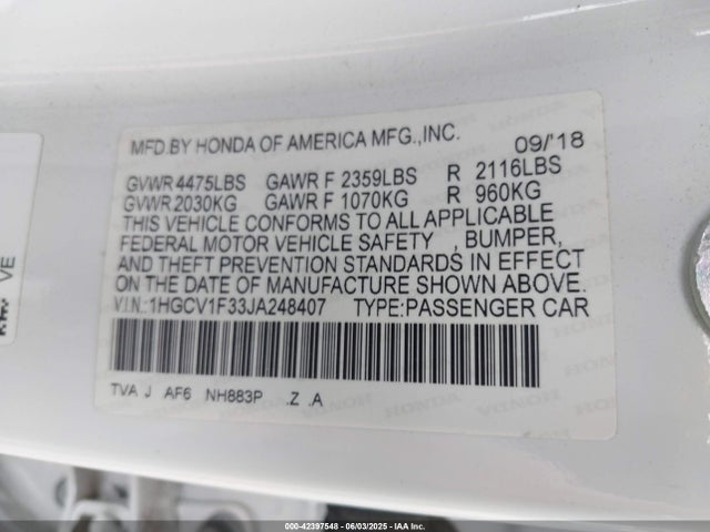 Honda l15be 2018 1HGCV1F33JA248407 Image 9