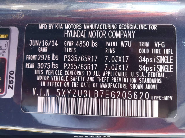 5XYZU3LB7EG205620 Hyundai gdi theta