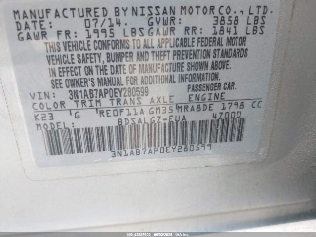 3N1AB7AP0EY280599 Nissan SENTRA SL