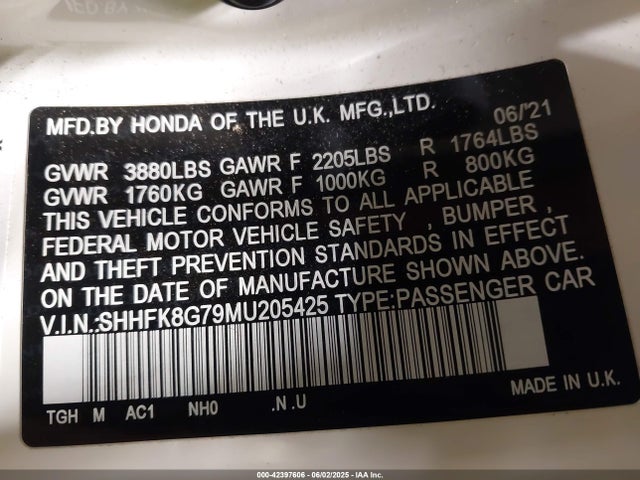 SHHFK8G79MU205425 Honda k20c1