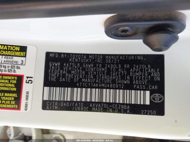 2021 TOYOTA CAMRY 4T1C11AK4MU480912 Photo 8