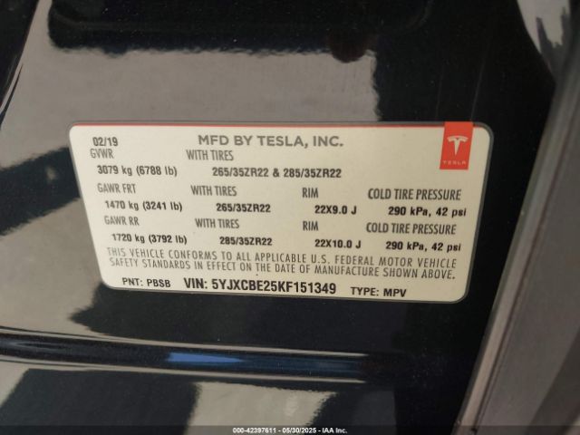 2019 TESLA MODEL X 5YJXCBE25KF151349 Photo 8