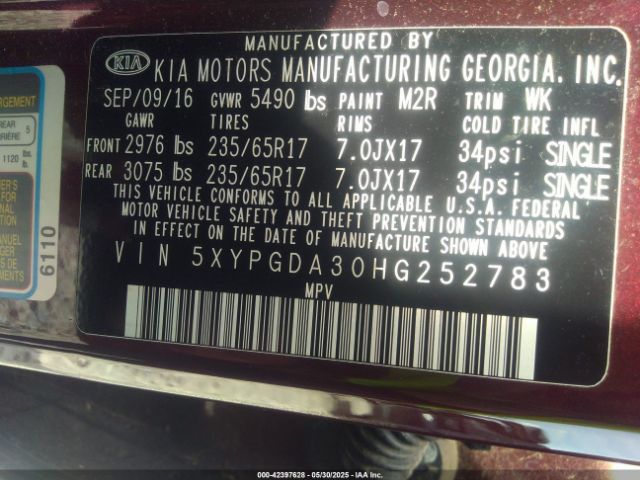 5XYPGDA30HG252783 KIA Sorento 2.4l Lx