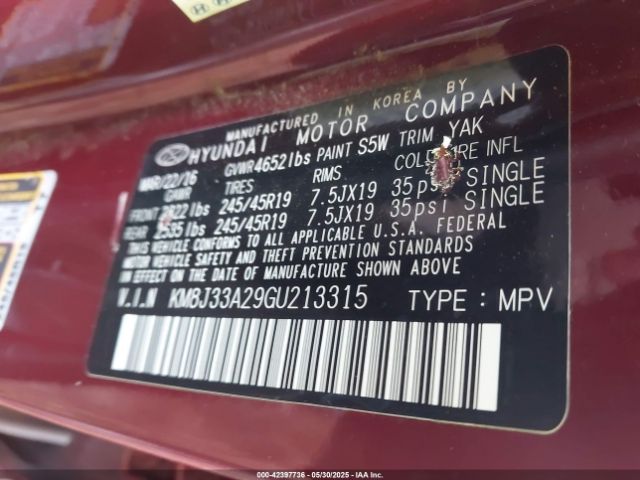 KM8J33A29GU213315 Hyundai 2016
