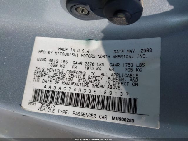 2003 MITSUBISHI ECLIPSE 4A3AC74H33E189137 Photo 8