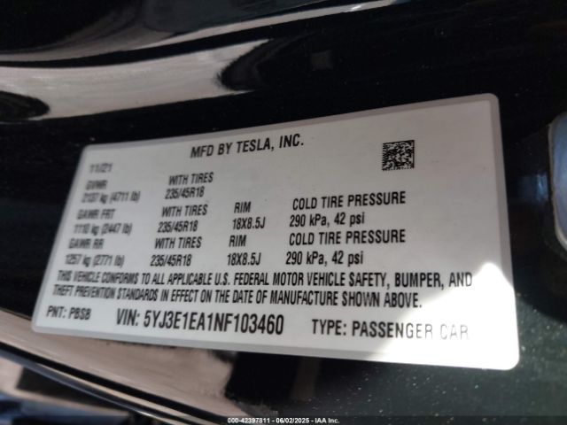 2022 TESLA MODEL 3 5YJ3E1EA1NF103460 Photo 8